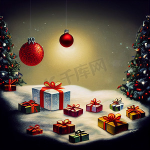 圣诞树木摄影照片_雪毯和圣诞树上有许多新年礼物