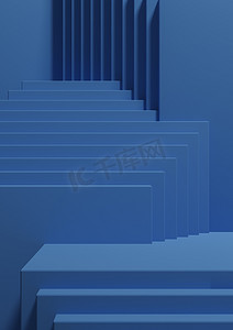 淡彩摄影照片_明亮、黑暗、柔和的蓝色 3D 插图简单最小产品展示背景侧视图抽象正方形讲台支架用于产品摄影或奢侈品壁纸