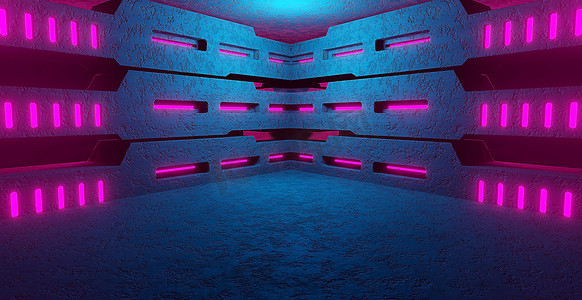 紫色场景摄影照片_未来工业车库地下机库走廊场景聚光灯深紫色说明性横幅背景壁纸外星人概念 3D 插图