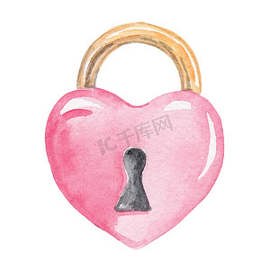 水彩粉红色心形挂锁，带有金色元素，隔离在白色背景情人节或婚礼上