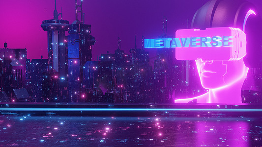 数字社区霓虹灯赛博朋克区块链城市景观概念背景 3d 插图