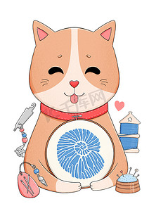 刺绣图案摄影照片_可爱的小猫，有刺绣、贝壳、缝纫