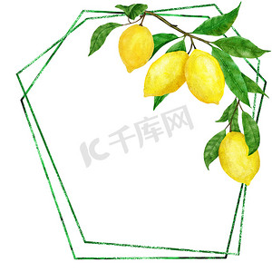 水彩绿叶花卉摄影照片_水彩手绘框架海报与黄色柠檬和绿叶。
