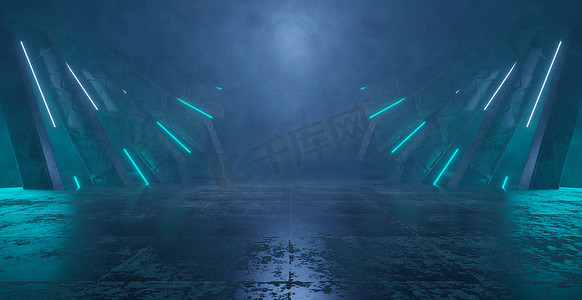 霓虹灯未来绿松石蓝色发光激光束垂直空荡荡的空间暗室走廊隧道走廊星际之门宇宙飞船外星混凝土 3D 渲染