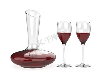 红酒拉菲摄影照片_醒酒器和两杯红酒