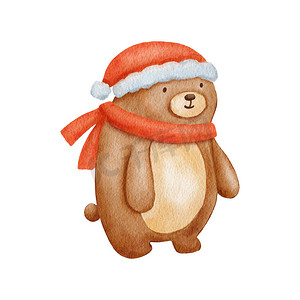 水彩小熊角色，戴着冬季围巾和帽子。