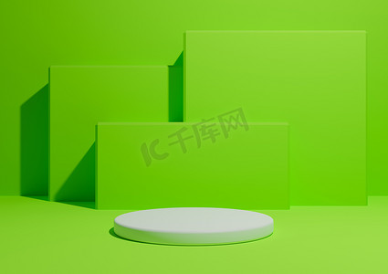 绿色产品展示摄影照片_明亮的霓虹绿 3D 渲染，呈现一个简单、简约的产品展示构图背景，其中有一个讲台或看台，背景中有几何方形形状。