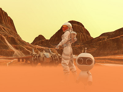宇航员和小机器人在沙漠星球上太空行走，后面有宇宙飞船