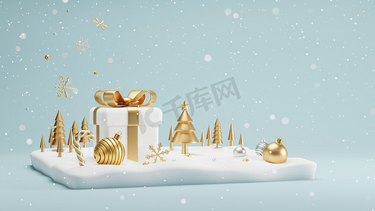 冬季 3D 渲染的雪堆上有松树的礼品盒和圣诞球的圣诞节和新年概念设计
