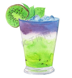 手绘鸡尾酒摄影照片_水彩手绘水果鸡尾酒与绿色猕猴桃和紫色蓝莓隔离在白色背景