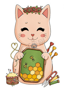 带刺绣、鲜花、蜂蜜、蜜蜂的可爱小猫