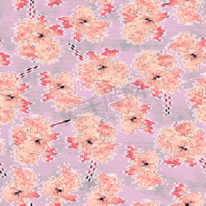 水彩风格花卉摄影照片_粉红色的花朵水彩图案在紫色背景上抽象风格的纺织设计。