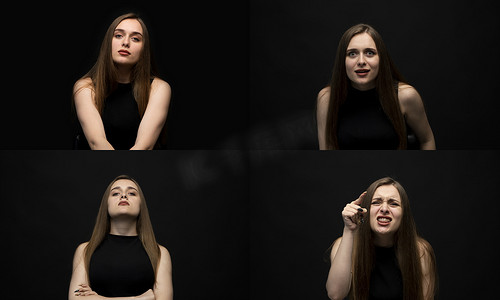 一位身穿黑色 T 恤的黑发年轻女子在黑房间里拼贴照片，有四种不同的快乐和悲伤情绪。