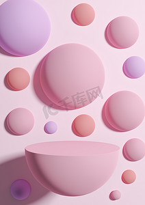 浅色3d背景摄影照片_浅色、柔和、薰衣草粉色 3D 插图简单最小产品展示背景侧视图抽象彩色气泡或球体讲台支架用于产品摄影或壁纸