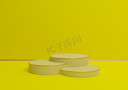 3d背景展台摄影照片_明亮的霓虹黄色 3D 渲染简单的产品展示，带有三个讲台或带有金线的展台，用于豪华产品的最小背景组合