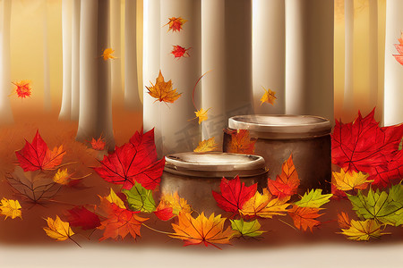背景为秋叶的两个圆柱形讲台
