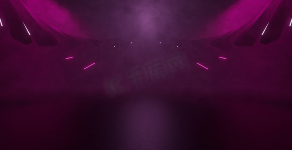 令人惊叹的未知明亮紫色空走廊走廊房间车库工作室舞蹈发光横幅背景 3D 渲染
