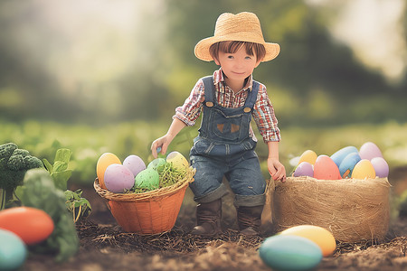 花园里满是复活节彩蛋的可爱小男孩农民的 3D 渲染。