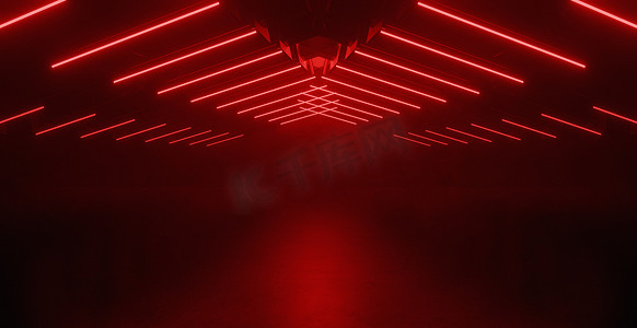 霓虹灯激光荧光红色科幻优雅宇宙飞船俱乐部夜间黑暗车库地下垃圾混凝土反射抽象光束 3D 渲染