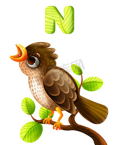 为孩子们准备的有趣的动物字母表：N 代表夜莺。