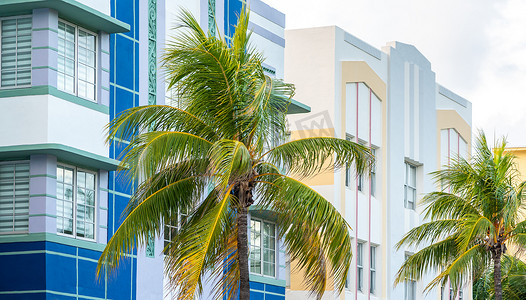 美国佛罗里达州迈阿密南海滩海洋大道上典型的色彩缤纷的装饰艺术建筑与热带棕榈树的特写