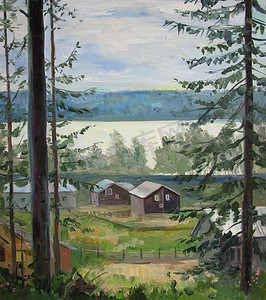 夏天的北方地方，有木头和房子，油画