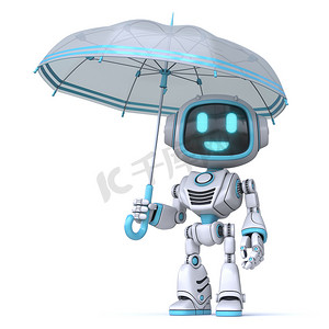 防水雨伞摄影照片_可爱的蓝色机器人打着伞3D