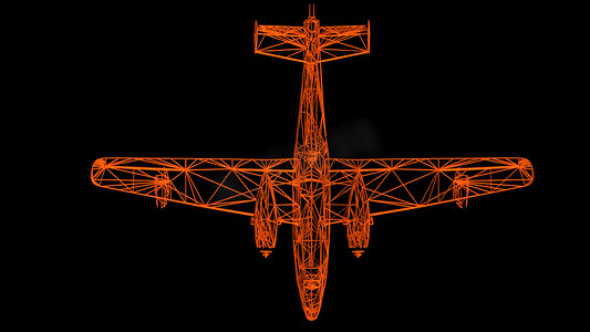 在黑色上隔离的飞机线模型 - 3D 渲染