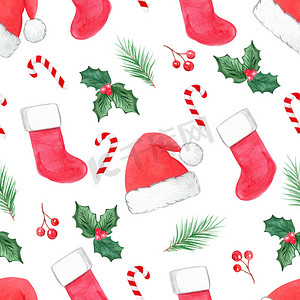 水彩红色圣诞老人帽子和白色背景上的袜子无缝图案。