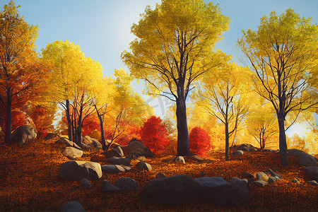 png黄色摄影照片_岩石间的落叶树群。