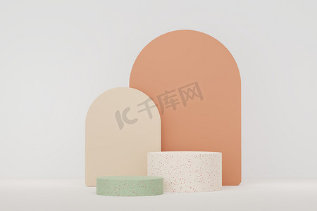 3D 抽象白色平台展示产品和化妆品展示与水磨石理念。