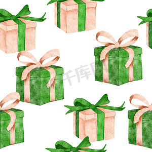 水彩手绘无缝图案，礼品盒配有绿色米色蝴蝶结丝带。