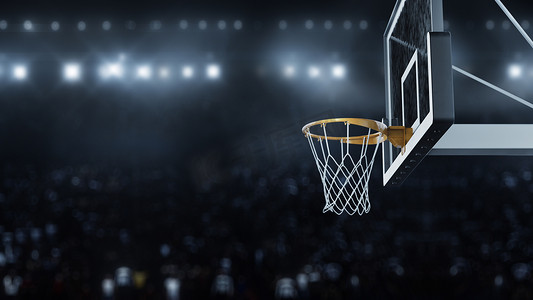 3d 渲染篮球在相机闪光的背景下击中篮筐