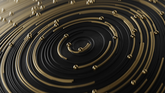 圆线中的卷曲金色和黑色抽象以及模糊散景背景上的粒子