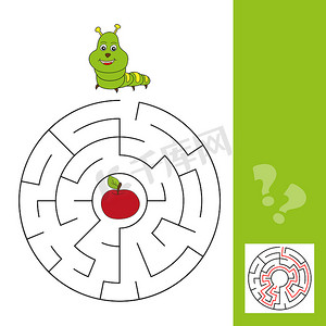 游戏闯关迷宫摄影照片_孩子们的迷宫拼图与毛毛虫和苹果。