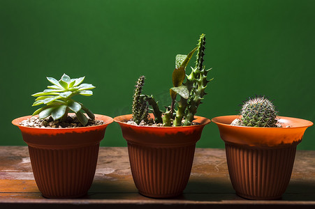 植物盆栽仙人掌摄影照片_绿色背景盆栽仙人掌植物，绿色背景隔离的三个可爱的天然仙人掌。