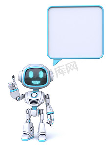 漫画气体摄影照片_可爱的蓝色机器人与空白矩形漫画泡沫 3D