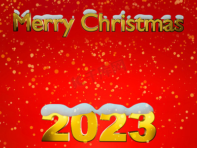 喜庆海报红色摄影照片_新年快乐 2023。红色背景上的金色数字 2023 与雪.3D 渲染。