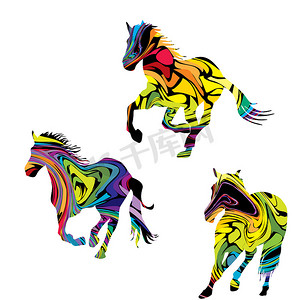三匹奔腾的马的多彩抽象剪影