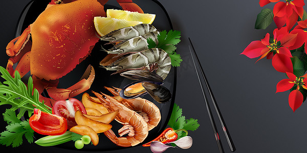 日式海鲜菜肴，配有螃蟹和大虾。