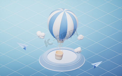 蓝色卡通热气球，3d 渲染。