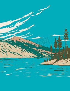 太浩湖-内华达州立公园与马莱特湖和霍巴特水库内华达州美国 WPA 海报艺术