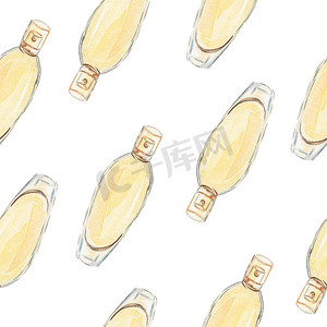 水彩黄色香水瓶无缝图案白色背景。