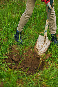 穿着橡胶靴的无法辨认的女人在花园里挖一个大着陆孔幼树