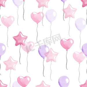 水彩粉红色气球无缝图案在白色背景上。