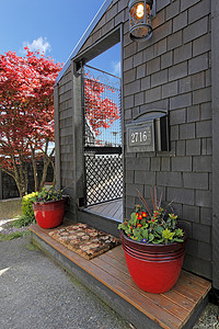 有门和红色花盆的黑木房子。