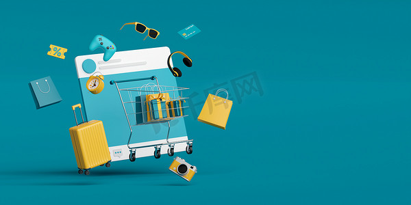 电子商务概念，社交媒体上的购物在线广告，3D 渲染