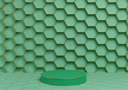 蜂蜜模板摄影照片_明亮的绿松石绿色 3D 渲染产品展示台豪华金色蜂窝抽象背景与圆柱支架最小，自然豪华蜂蜜产品的简单模板
