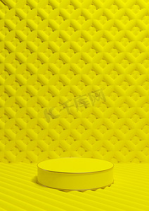 霓虹摄影照片_明亮、霓虹黄色 3D 渲染豪华产品展示垂直产品摄影一圆柱讲台站金线和装饰壁纸或背景简单、最小的构图