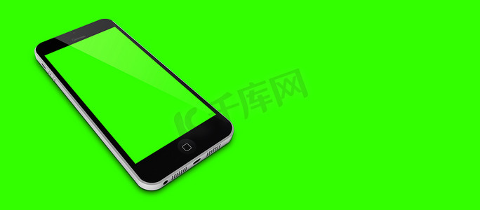 3d 渲染白色平板电脑或智能手机的样机图像，绿色背景上有空白的绿色屏幕。